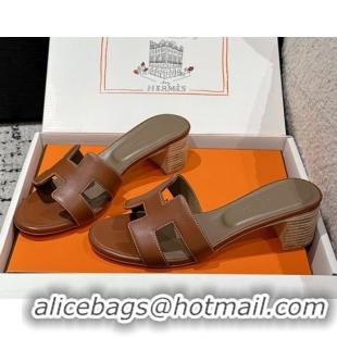 Good Quality Hermes Classic Oasis Heel Slides Sandal 4.5cm in Shiny Calfskin Dark Brown 0606114