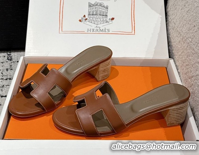 Good Quality Hermes Classic Oasis Heel Slides Sandal 4.5cm in Shiny Calfskin Dark Brown 0606114