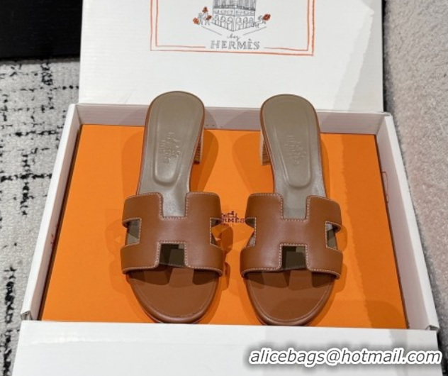 Good Quality Hermes Classic Oasis Heel Slides Sandal 4.5cm in Shiny Calfskin Dark Brown 0606114