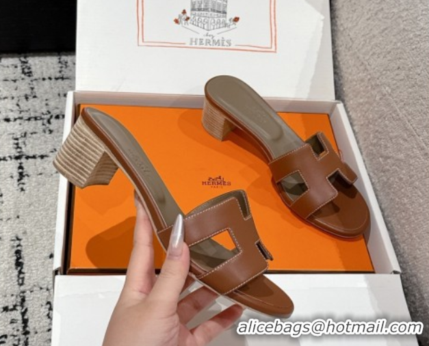 Good Quality Hermes Classic Oasis Heel Slides Sandal 4.5cm in Shiny Calfskin Dark Brown 0606114