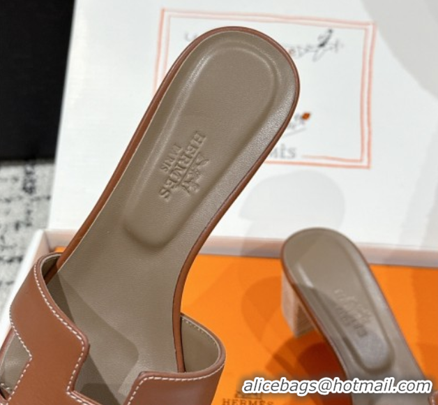 Good Quality Hermes Classic Oasis Heel Slides Sandal 4.5cm in Shiny Calfskin Dark Brown 0606114