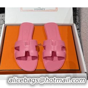 Discount Hermes Classic Oran Flat Slides Sandal in Shiny Calfskin Pink 0606115