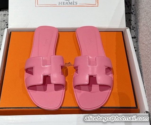 Discount Hermes Classic Oran Flat Slides Sandal in Shiny Calfskin Pink 0606115