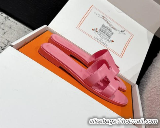 Discount Hermes Classic Oran Flat Slides Sandal in Shiny Calfskin Pink 0606115