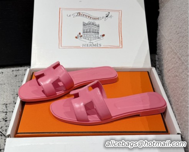Discount Hermes Classic Oran Flat Slides Sandal in Shiny Calfskin Pink 0606115