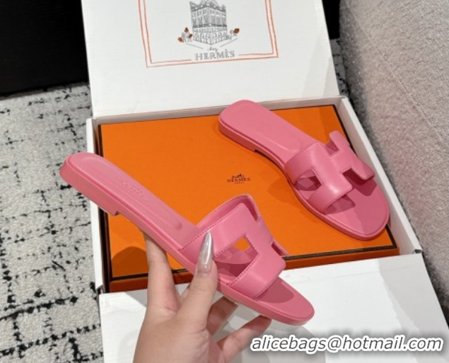 Discount Hermes Classic Oran Flat Slides Sandal in Shiny Calfskin Pink 0606115