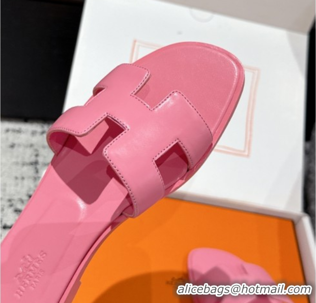 Discount Hermes Classic Oran Flat Slides Sandal in Shiny Calfskin Pink 0606115