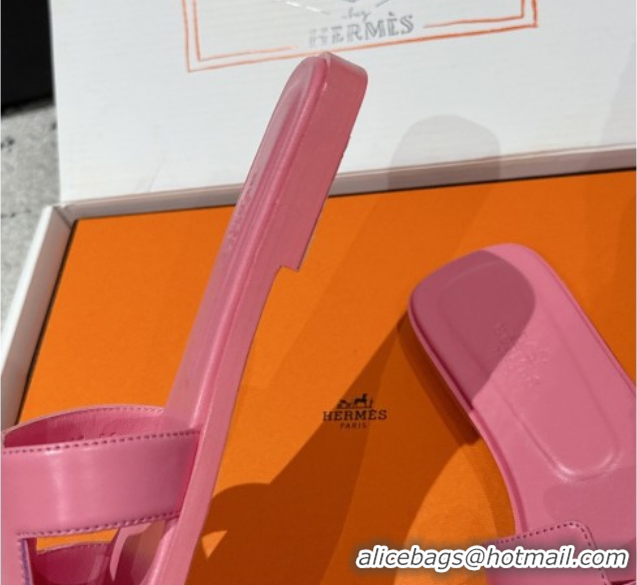 Discount Hermes Classic Oran Flat Slides Sandal in Shiny Calfskin Pink 0606115