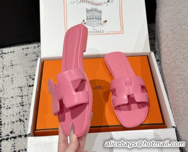 Discount Hermes Classic Oran Flat Slides Sandal in Shiny Calfskin Pink 0606115