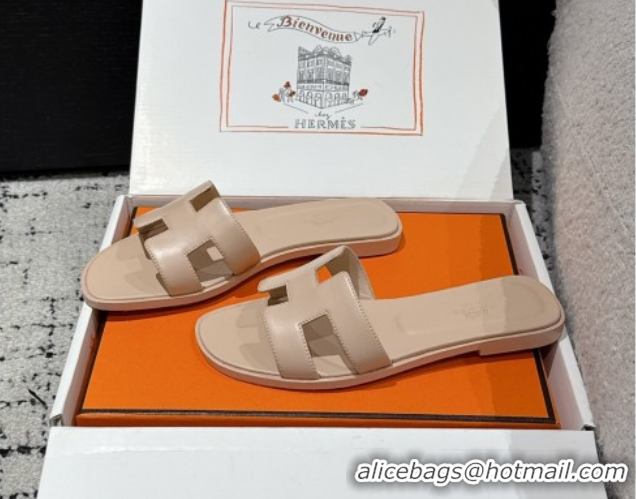 Best Product Hermes Classic Oran Flat Slides Sandal in Shiny Calfskin Rose Beige 0606117