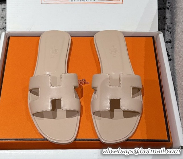 Best Product Hermes Classic Oran Flat Slides Sandal in Shiny Calfskin Rose Beige 0606117