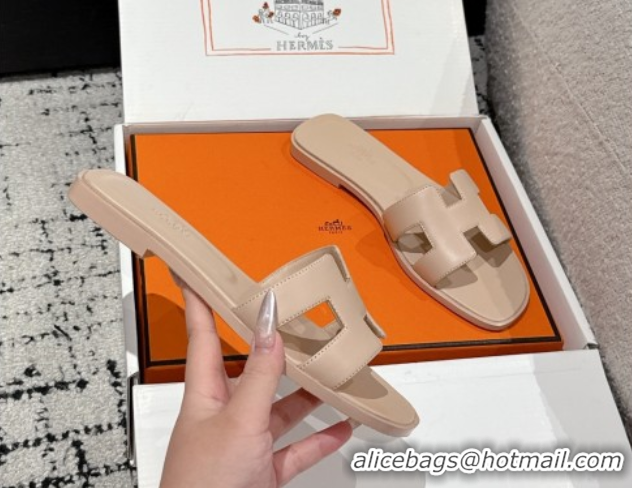 Best Product Hermes Classic Oran Flat Slides Sandal in Shiny Calfskin Rose Beige 0606117