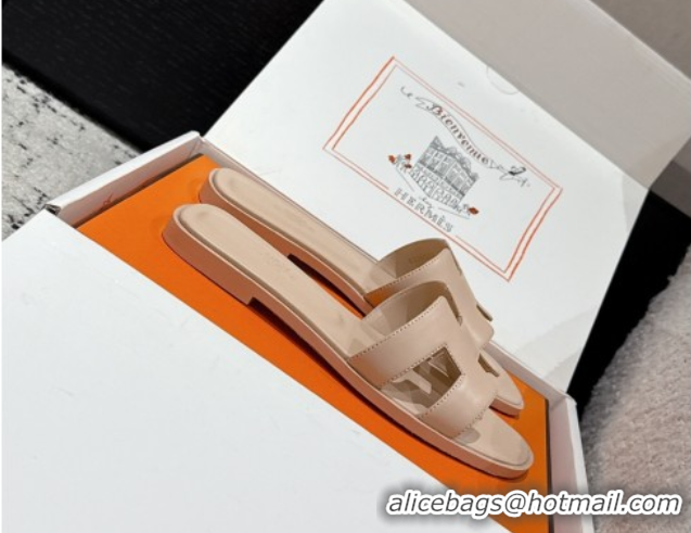 Best Product Hermes Classic Oran Flat Slides Sandal in Shiny Calfskin Rose Beige 0606117