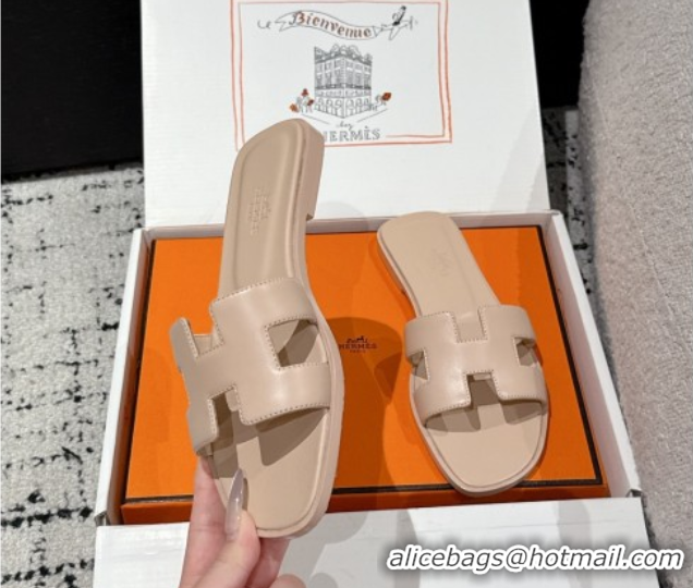 Best Product Hermes Classic Oran Flat Slides Sandal in Shiny Calfskin Rose Beige 0606117