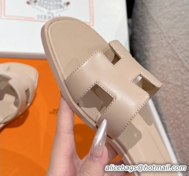 Best Product Hermes Classic Oran Flat Slides Sandal in Shiny Calfskin Rose Beige 0606117