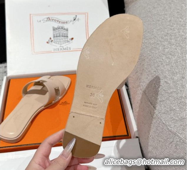Best Product Hermes Classic Oran Flat Slides Sandal in Shiny Calfskin Rose Beige 0606117