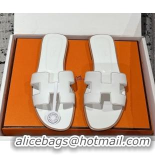 Pretty Style Hermes Classic Oran Flat Slides Sandal in Shiny Calfskin White 0606119