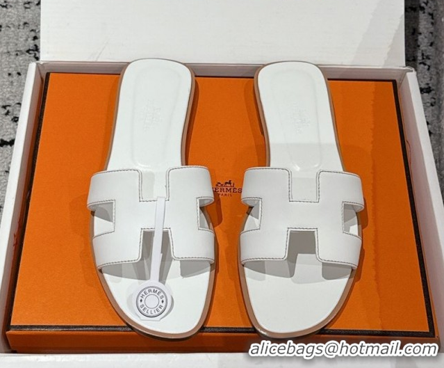 Pretty Style Hermes Classic Oran Flat Slides Sandal in Shiny Calfskin White 0606119