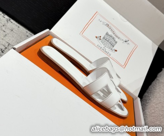Pretty Style Hermes Classic Oran Flat Slides Sandal in Shiny Calfskin White 0606119
