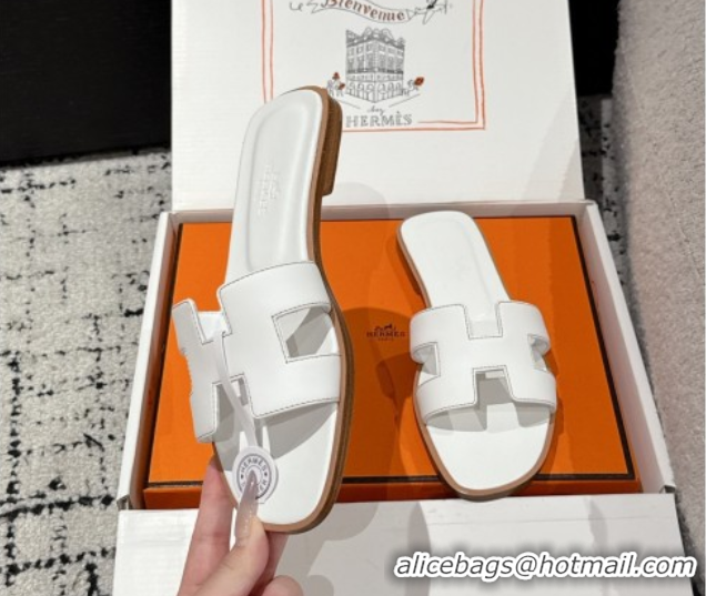 Pretty Style Hermes Classic Oran Flat Slides Sandal in Shiny Calfskin White 0606119