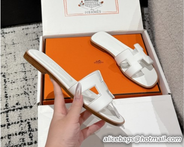 Pretty Style Hermes Classic Oran Flat Slides Sandal in Shiny Calfskin White 0606119