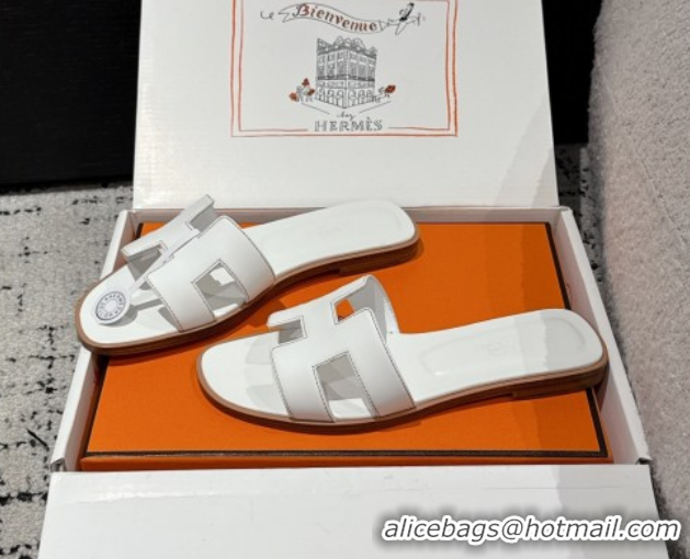 Pretty Style Hermes Classic Oran Flat Slides Sandal in Shiny Calfskin White 0606119