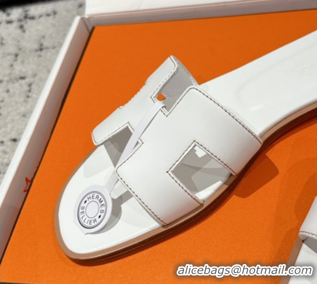 Pretty Style Hermes Classic Oran Flat Slides Sandal in Shiny Calfskin White 0606119