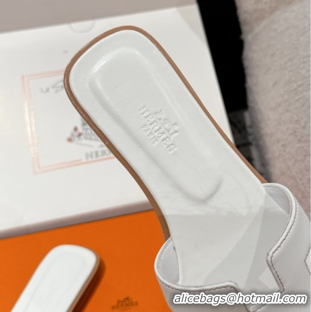 Pretty Style Hermes Classic Oran Flat Slides Sandal in Shiny Calfskin White 0606119