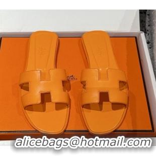 Cheap Price Hermes Classic Oran Flat Slides Sandal in Shiny Calfskin Light Orange 0606121