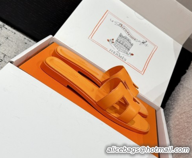 Cheap Price Hermes Classic Oran Flat Slides Sandal in Shiny Calfskin Light Orange 0606121