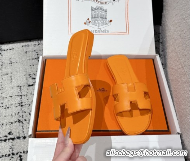 Cheap Price Hermes Classic Oran Flat Slides Sandal in Shiny Calfskin Light Orange 0606121