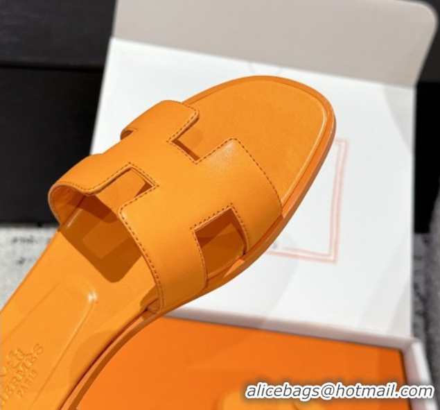 Cheap Price Hermes Classic Oran Flat Slides Sandal in Shiny Calfskin Light Orange 0606121