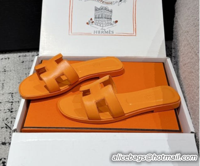 Cheap Price Hermes Classic Oran Flat Slides Sandal in Shiny Calfskin Light Orange 0606121
