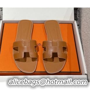 Top Grade Hermes Classic Oran Flat Slides Sandal in Shiny Calfskin Brown 0606123
