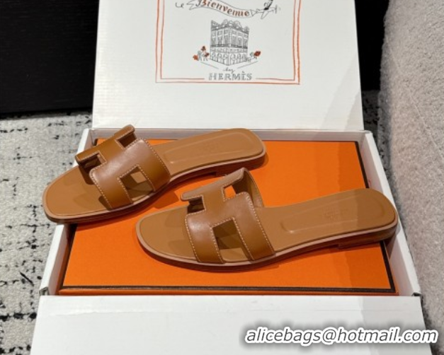 Top Grade Hermes Classic Oran Flat Slides Sandal in Shiny Calfskin Brown 0606123
