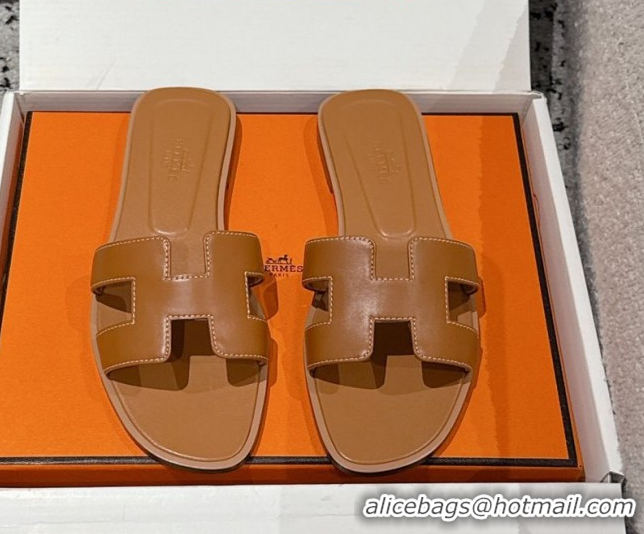 Top Grade Hermes Classic Oran Flat Slides Sandal in Shiny Calfskin Brown 0606123