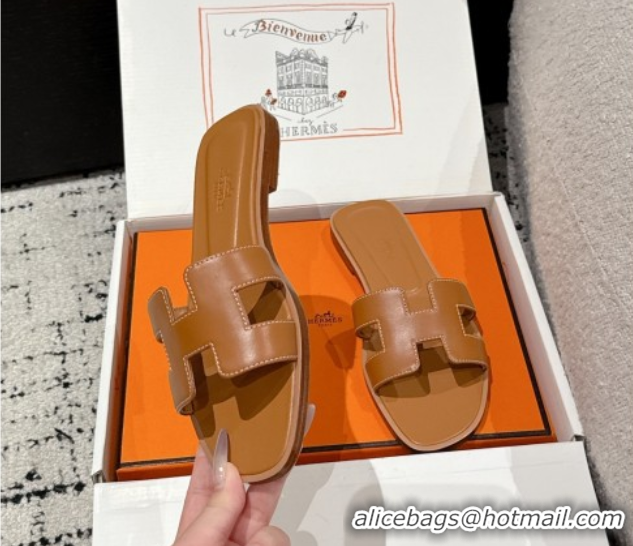 Top Grade Hermes Classic Oran Flat Slides Sandal in Shiny Calfskin Brown 0606123