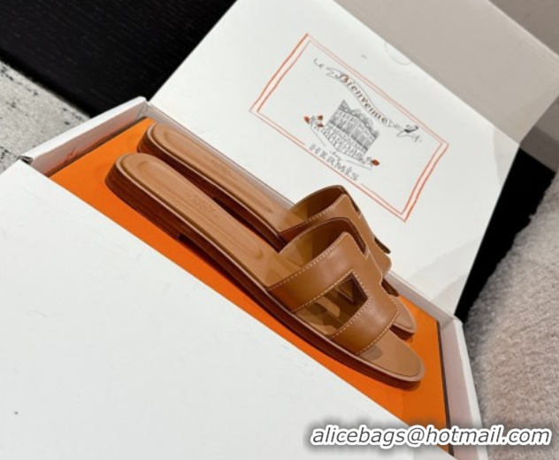 Top Grade Hermes Classic Oran Flat Slides Sandal in Shiny Calfskin Brown 0606123
