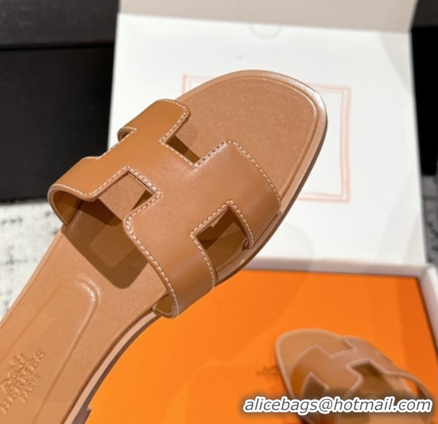 Top Grade Hermes Classic Oran Flat Slides Sandal in Shiny Calfskin Brown 0606123