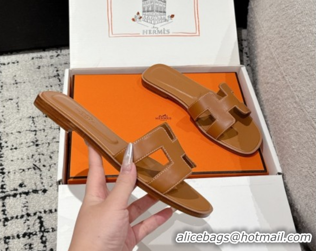 Top Grade Hermes Classic Oran Flat Slides Sandal in Shiny Calfskin Brown 0606123