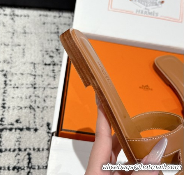 Top Grade Hermes Classic Oran Flat Slides Sandal in Shiny Calfskin Brown 0606123