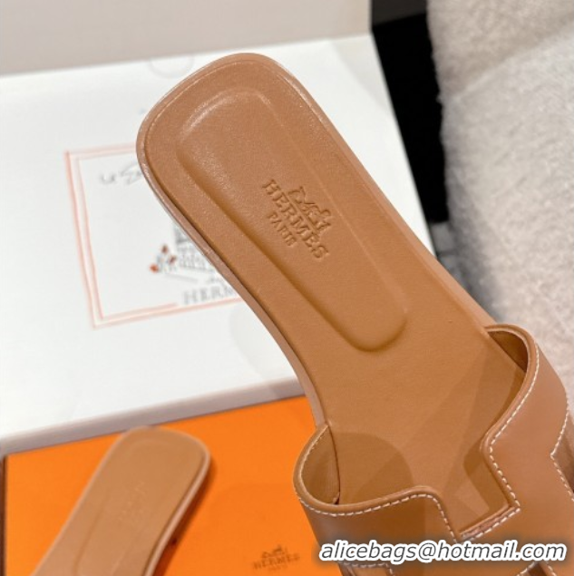 Top Grade Hermes Classic Oran Flat Slides Sandal in Shiny Calfskin Brown 0606123