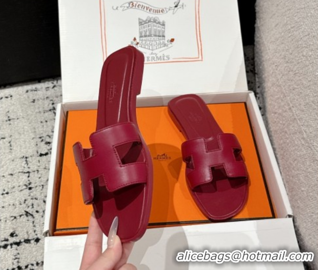 Grade Quality Hermes Classic Oran Flat Slides Sandal in Shiny Calfskin Dark Burgundy 0606125