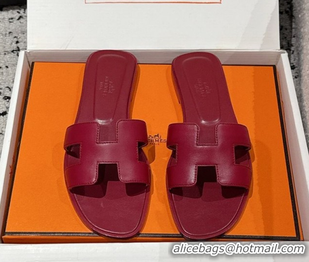 Grade Quality Hermes Classic Oran Flat Slides Sandal in Shiny Calfskin Dark Burgundy 0606125