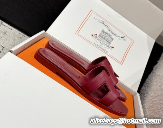 Grade Quality Hermes Classic Oran Flat Slides Sandal in Shiny Calfskin Dark Burgundy 0606125