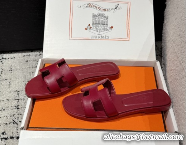 Grade Quality Hermes Classic Oran Flat Slides Sandal in Shiny Calfskin Dark Burgundy 0606125