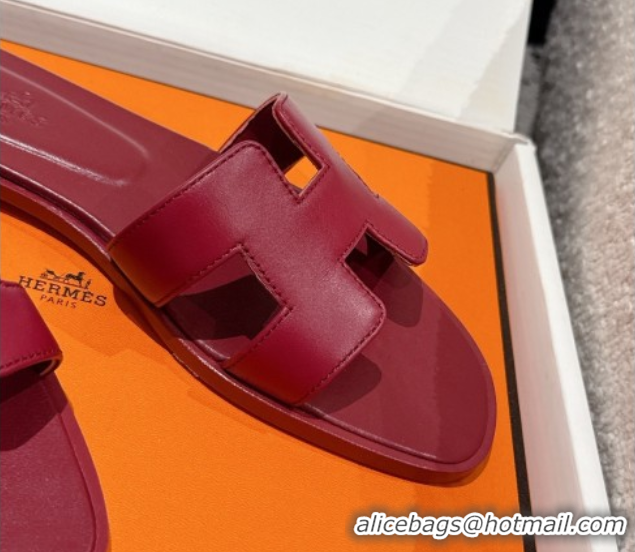 Grade Quality Hermes Classic Oran Flat Slides Sandal in Shiny Calfskin Dark Burgundy 0606125