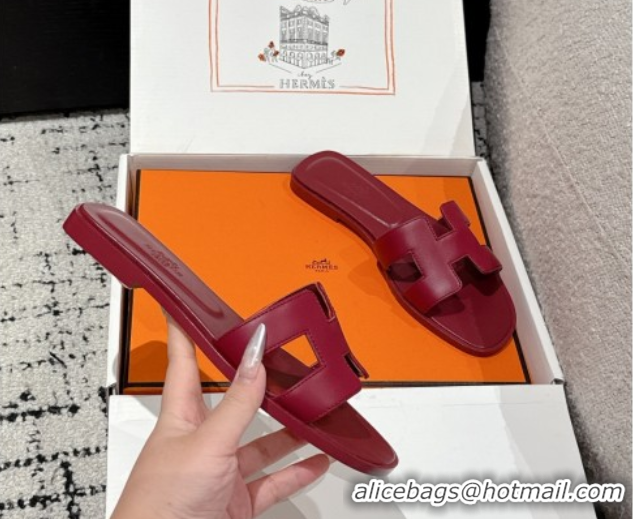 Grade Quality Hermes Classic Oran Flat Slides Sandal in Shiny Calfskin Dark Burgundy 0606125