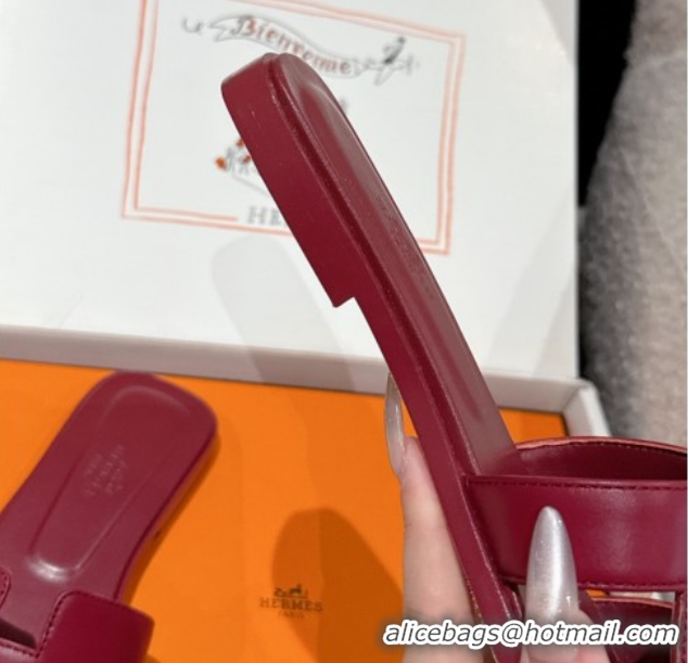 Grade Quality Hermes Classic Oran Flat Slides Sandal in Shiny Calfskin Dark Burgundy 0606125