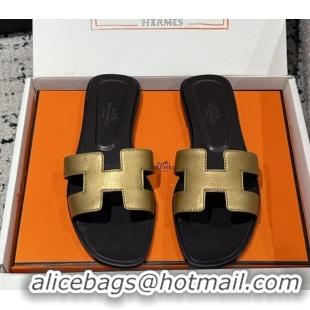 Good Quality Hermes Classic Oran Flat Slides Sandal in Shiny Calfskin Gold 0606127
